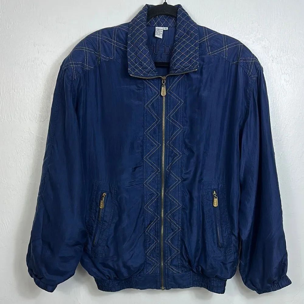 Fuda International Vintage Silk Blue Zip-Up Bomber Jacket Size XL